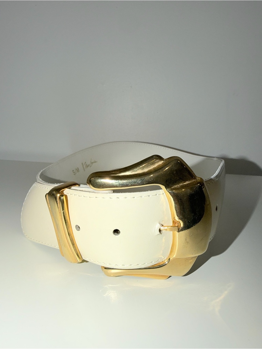 Vintage Nam Lewis White Belt With Gold-Tone Buckle, Sz S/M